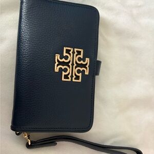 Tory Burch Navy Leather Wristlet Wallet with Gold Logo